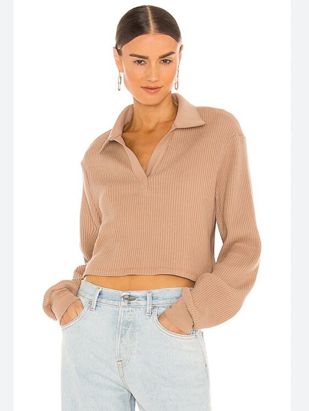 THE RANGE Revolve Jumbo Stark Cropped Waffle-knit Tan Polo Top Pullover Size S